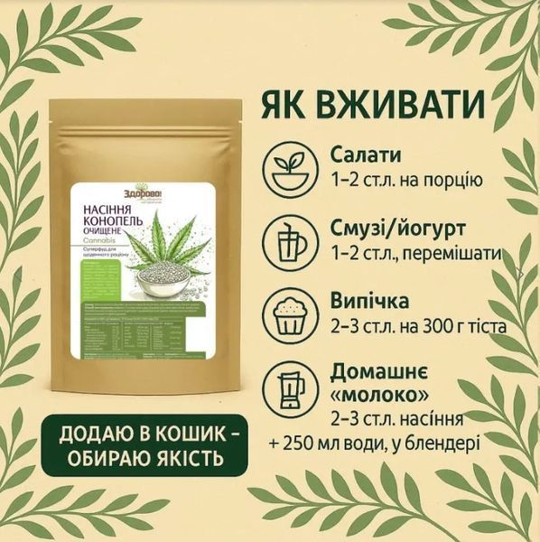 Семене конопли очищенные ТМ Здорово, 250г 121021536650 фото